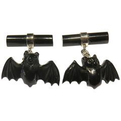 Bat Cufflinks White Gold Italian With Hand Carved Onyx Bats