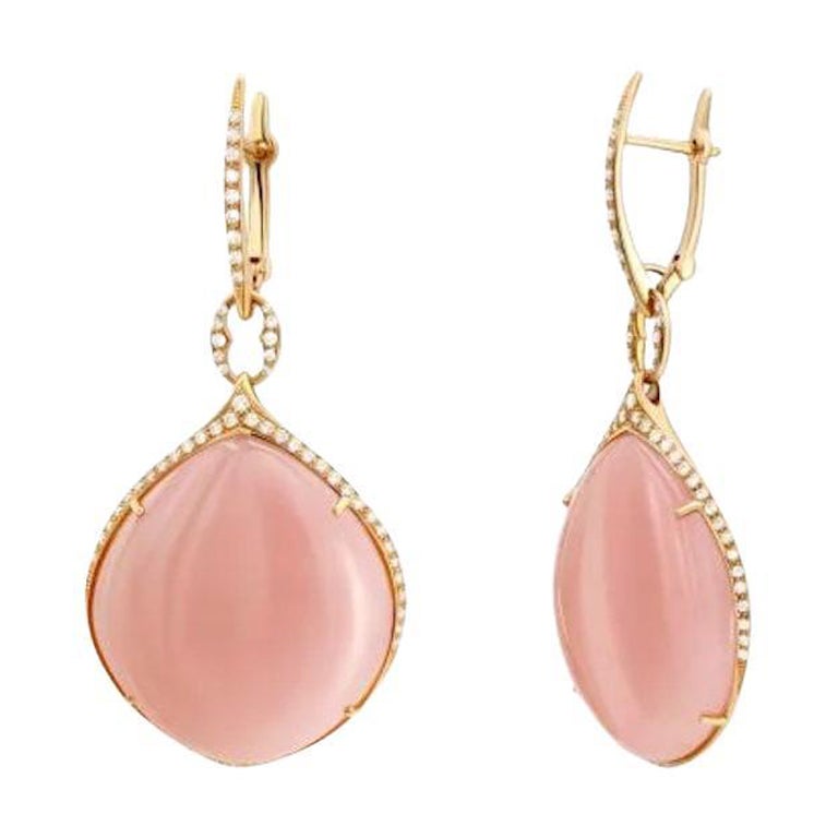Chic Pink Quartz 49.78 ct Diamond Yellow 18k Gold Dangle Earrings for Her For Sale