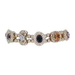 Yellow Gold Sapphire Dia Garnet Slide Charm Bracelet 7 1/4" - 14k Oval .20ctw