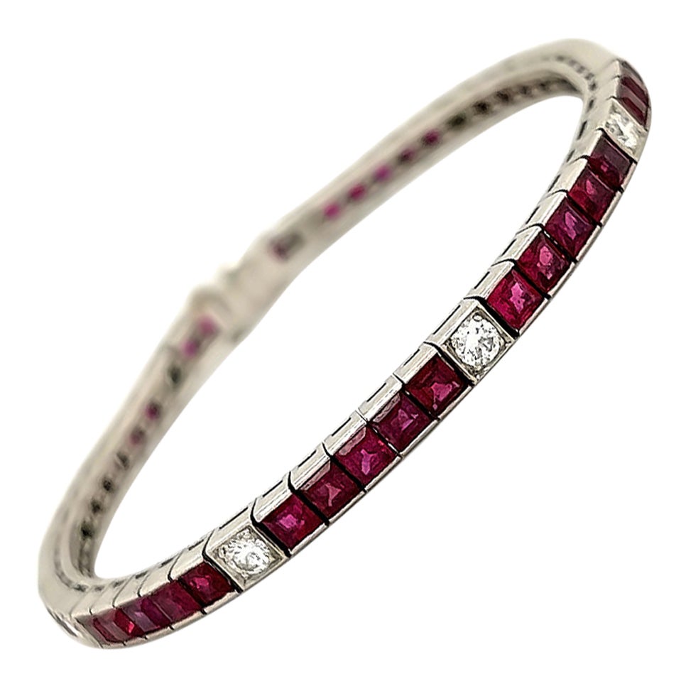 Platinum Diamond & Ruby Gemstone Straight Line Bracelet  For Sale