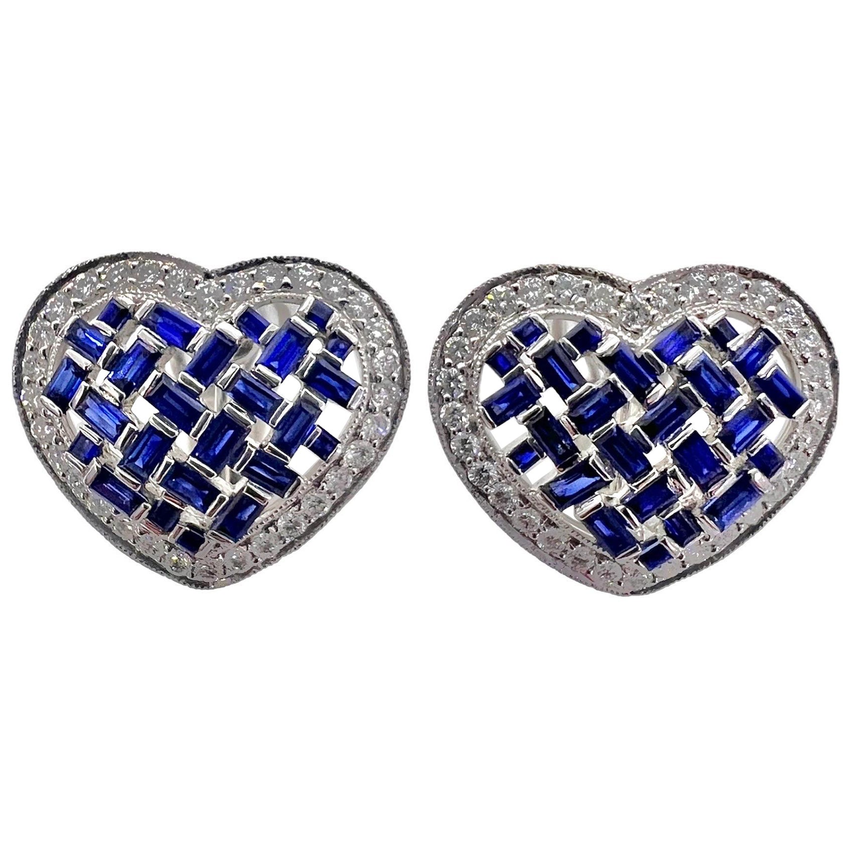 Sophia D. Blue Sapphire and Diamond Heart Shaped Earrings For Sale