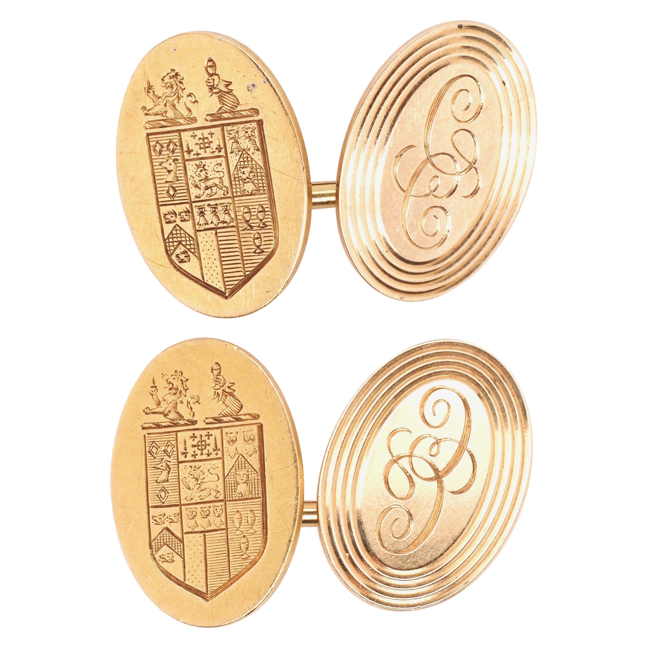 Tiffany & Co. Boutons de manchette Royal Shield en or jaune 14 carats des années 1920 en vente