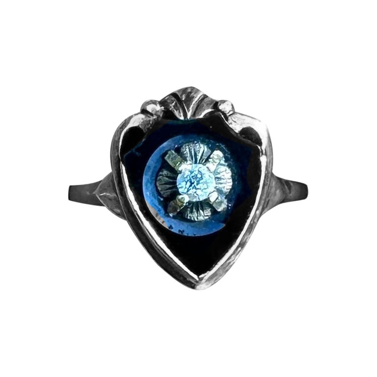 Art Deco Old Mine Diamond Black Onyx Heart Shield Ring Yellow Gold For Sale