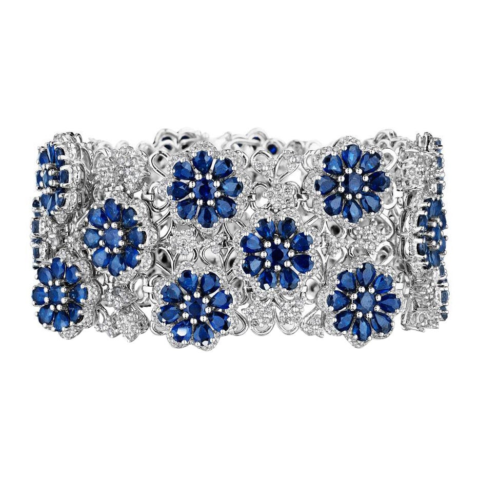 55.07ct Sapphire & Diamond Bracelet Cuff in 18KT White Gold For Sale