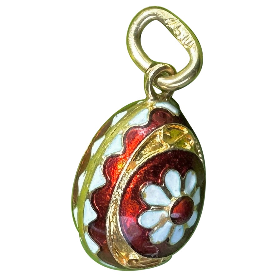 Enamel Easter Egg Pendant Necklace Charm 18 Karat Gold Red White Flower Motif  For Sale