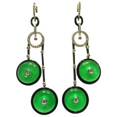 Exceptional Elegant Long Jade Pi Onyx Diamond Gold Drop Earrings