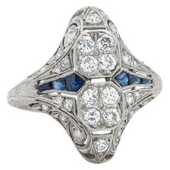 Antique 1920s Art Deco Gorgeous Sapphire Diamond Platinum Filigree Ring