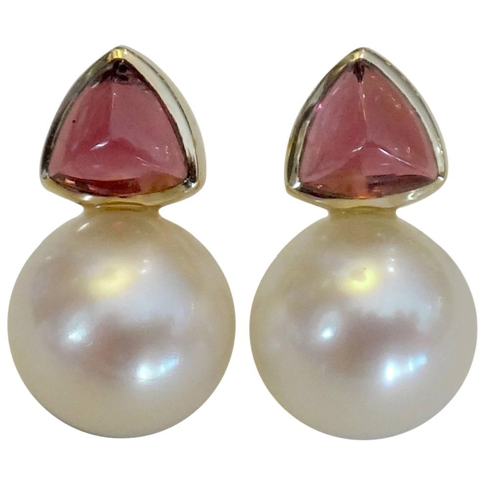 Cabochon Rhodolite Garnet South Sea Pearl Stud Earrings