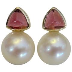 Cabochon Rhodolite Garnet South Sea Pearl Stud Earrings 9