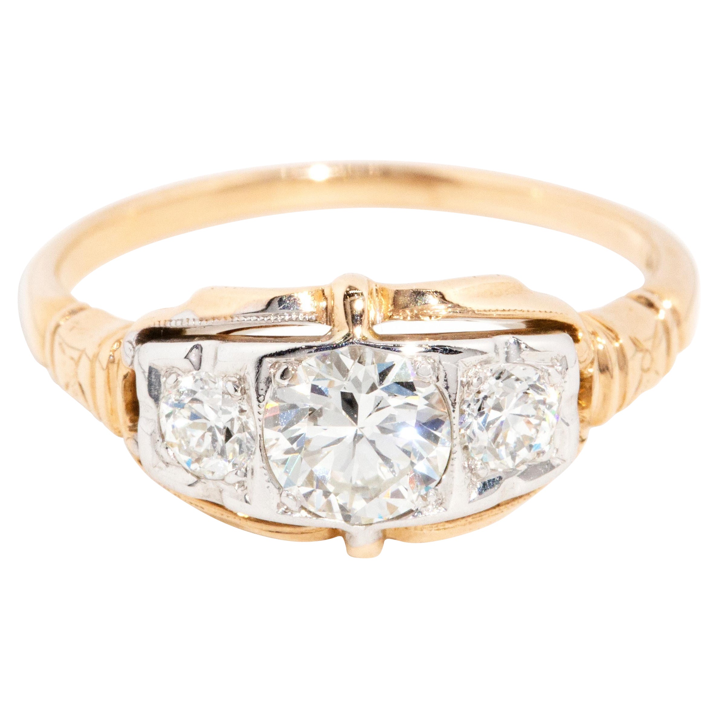 Vintage Circa 1950s Three Stone Diamond Ring 14 Carat Yellow & White Gold For Sale