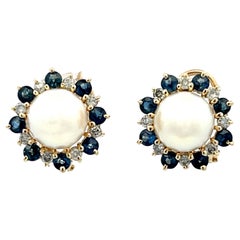Akoya Pearl Sapphire and Diamond Halo Earrings 14K Yellow Gold