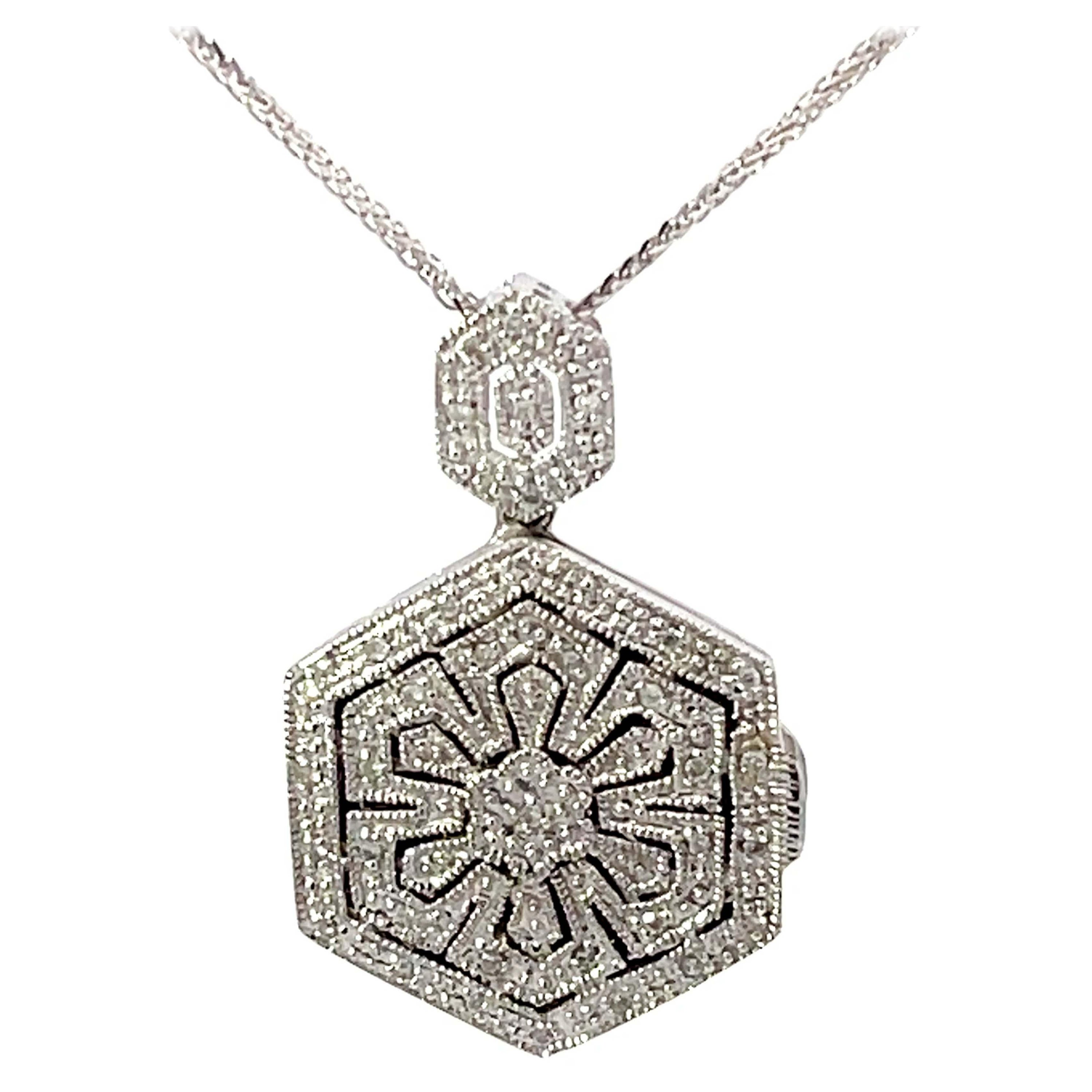 Solid 14K White Gold Hexagon Shaped Diamond Pendant and Chain For Sale