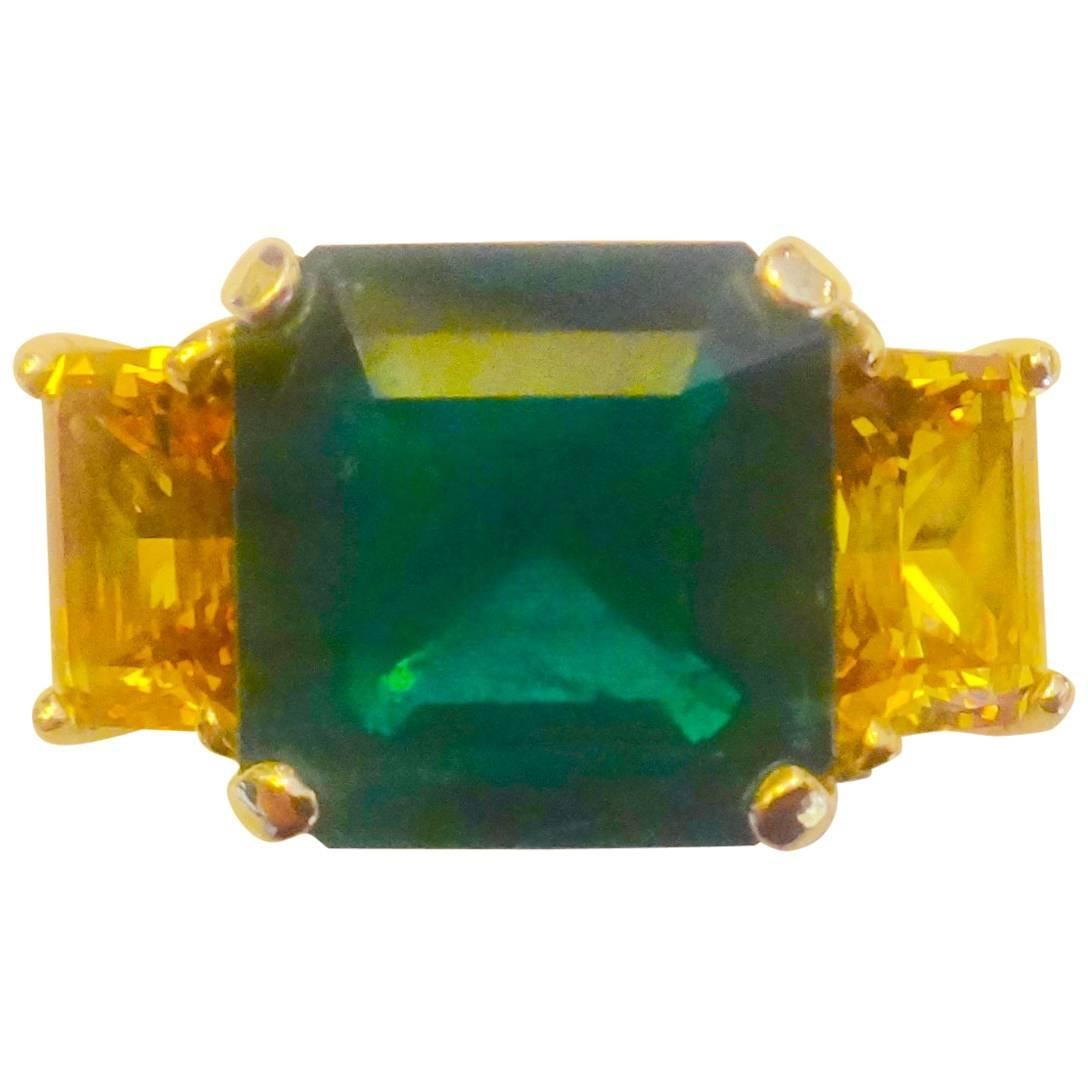 Zambian Yellow Sapphire Emerald Gold Three Stone Ring