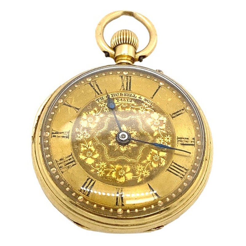Antique Victorian Thomas Russell & Sons Pocket Watch in 18ct Yellow Gold For Sale