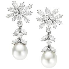 1970s Cultured Pearl Diamond Platinum Earrings