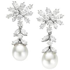 Retro 1970s Cultured Pearl Diamond Platinum Earrings