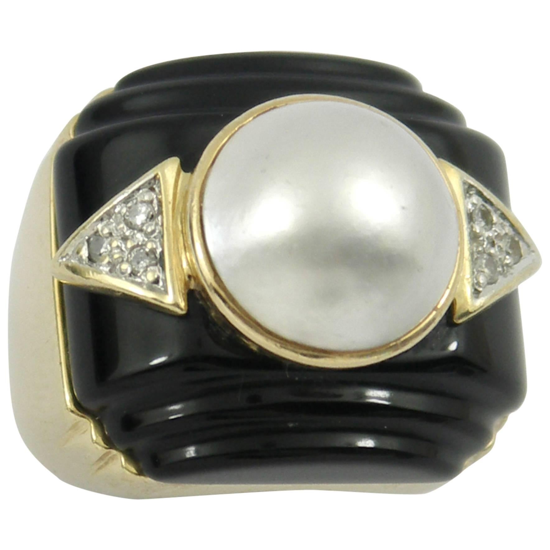 Onyx Mabe Pearl Diamond Gold Ring