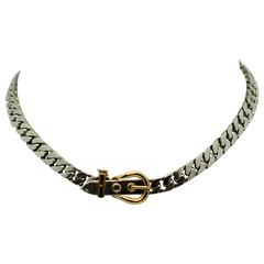 Hermes Silver Gold Chain Buckle Motif Necklace