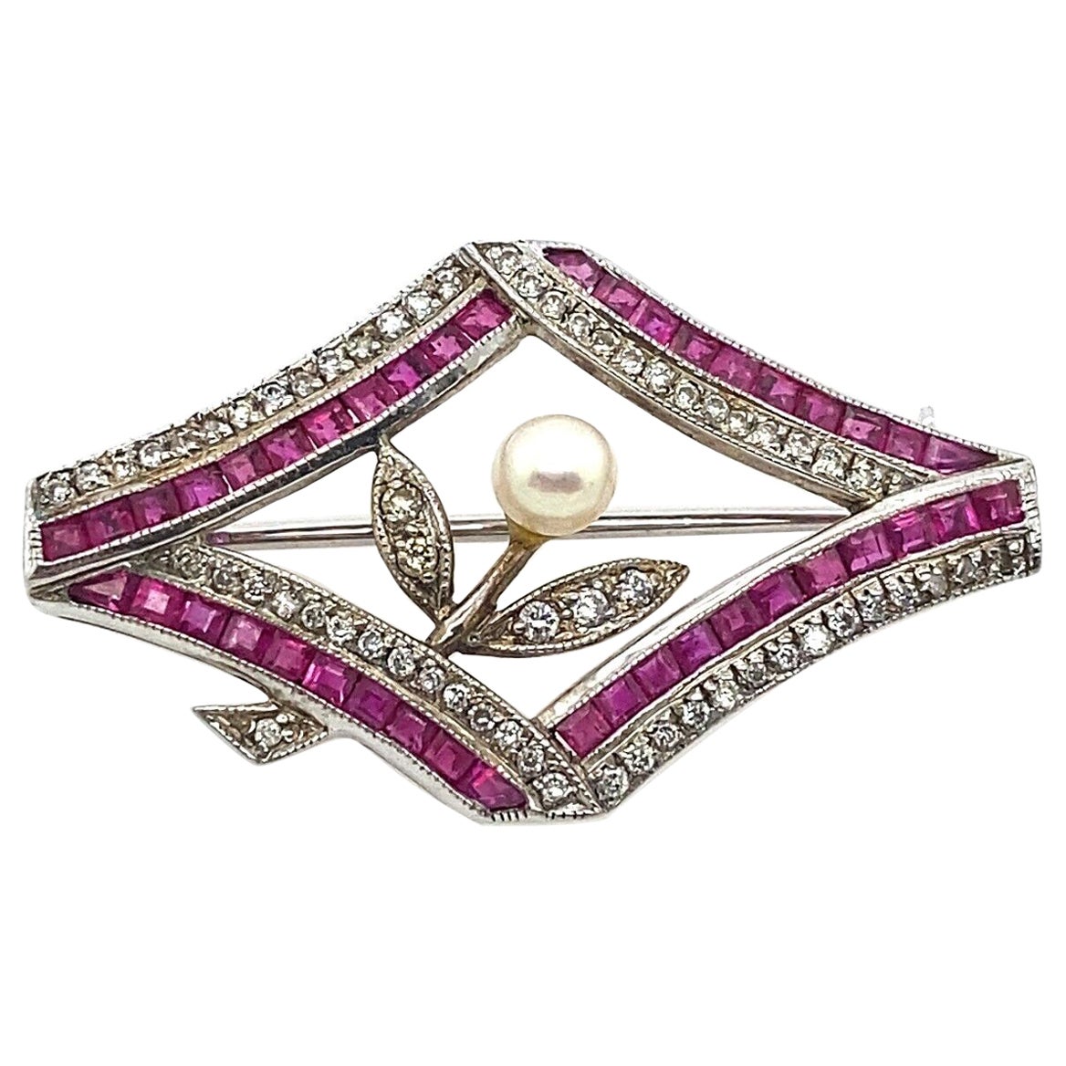 Vintage Ruby, Diamond and Pearl Brooch in 18ct Yellow & White Gold