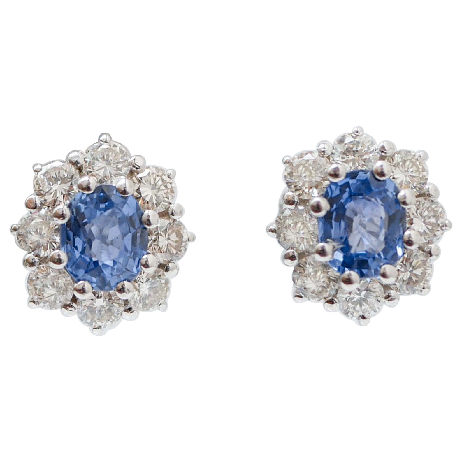 Sapphires, Diamonds, Platinum Earrings. For Sale