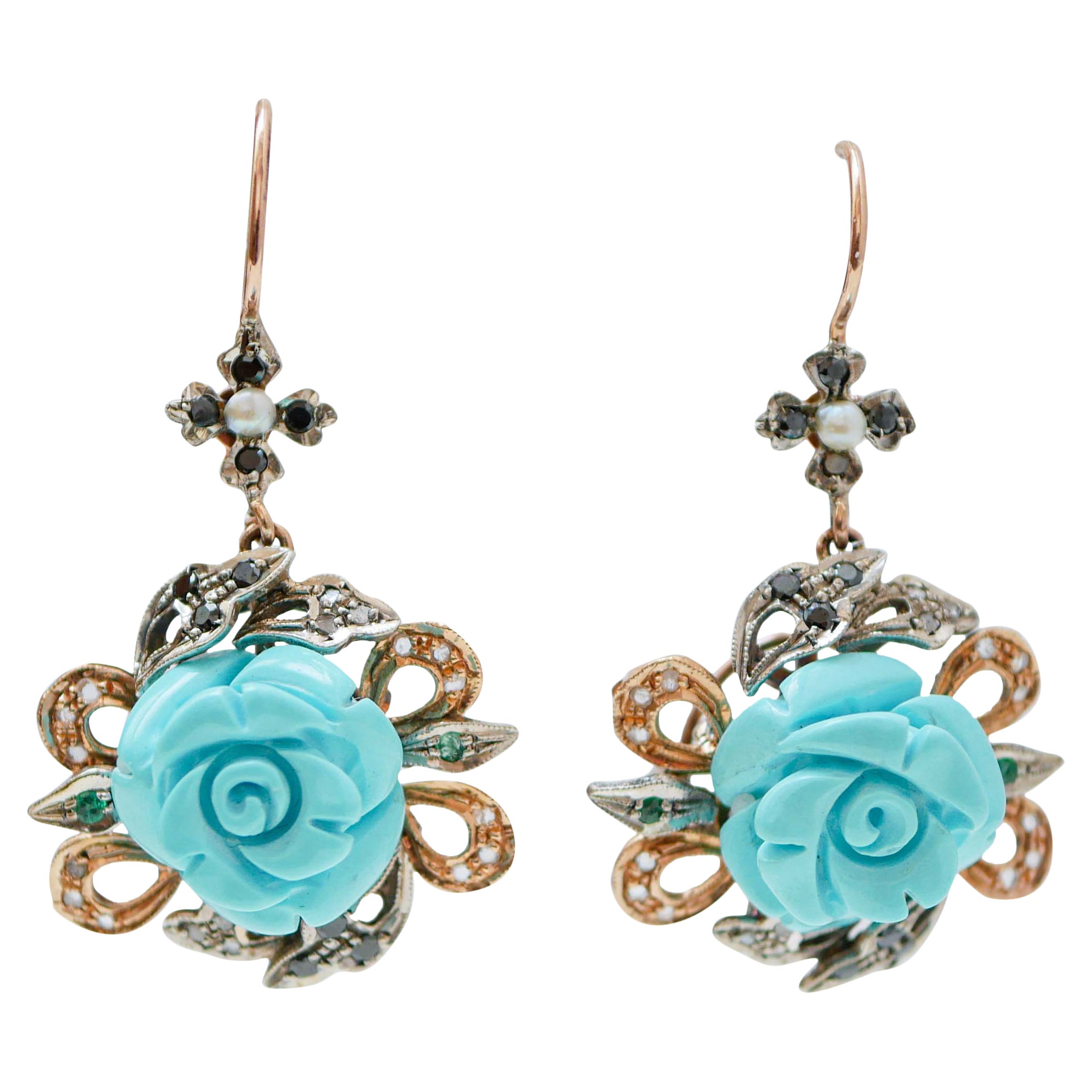 Turquoise, Pearls, Emeralds, Stones, Diamonds, Rose Gold and Silver Earrings.