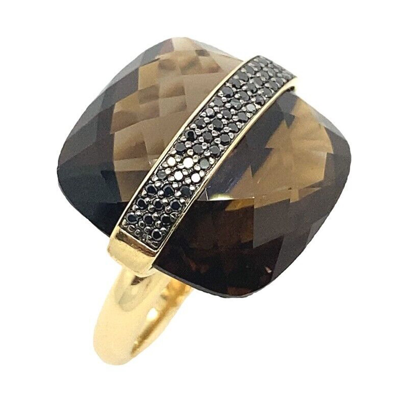 Cushion Shape Facetted Smoked Quartz Ring Set in 14ct Yellow Gold&Black Diamonds For Sale