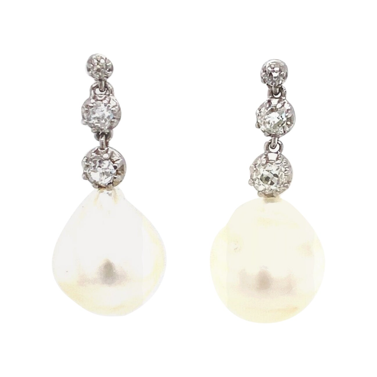 Victorian Cut Diamond Drop Earrings Set with 0.30ct Diamonds & 2 Cultured Pearls For Sale