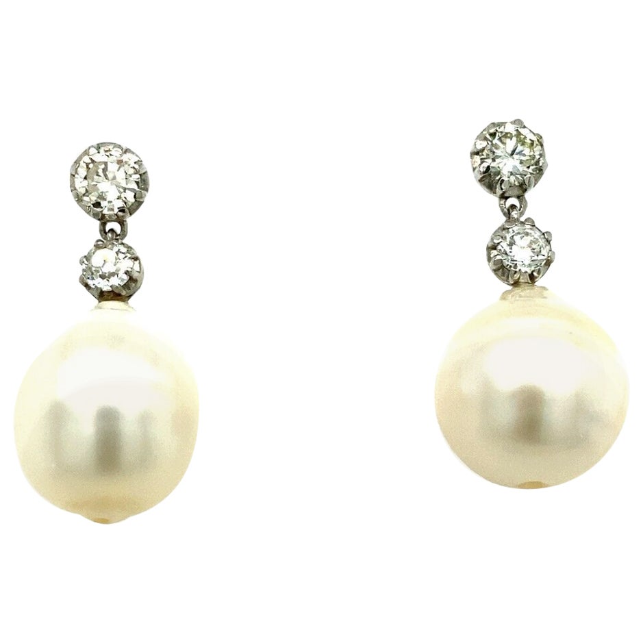 Victorian Cut Diamond Drop Earrings Set with 0.65ct Diamonds & 2 Cultured Pearls For Sale