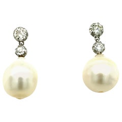 Victorian Cut Diamond Drop Earrings Set with 0.65ct Diamonds & 2 Cultured Pearls