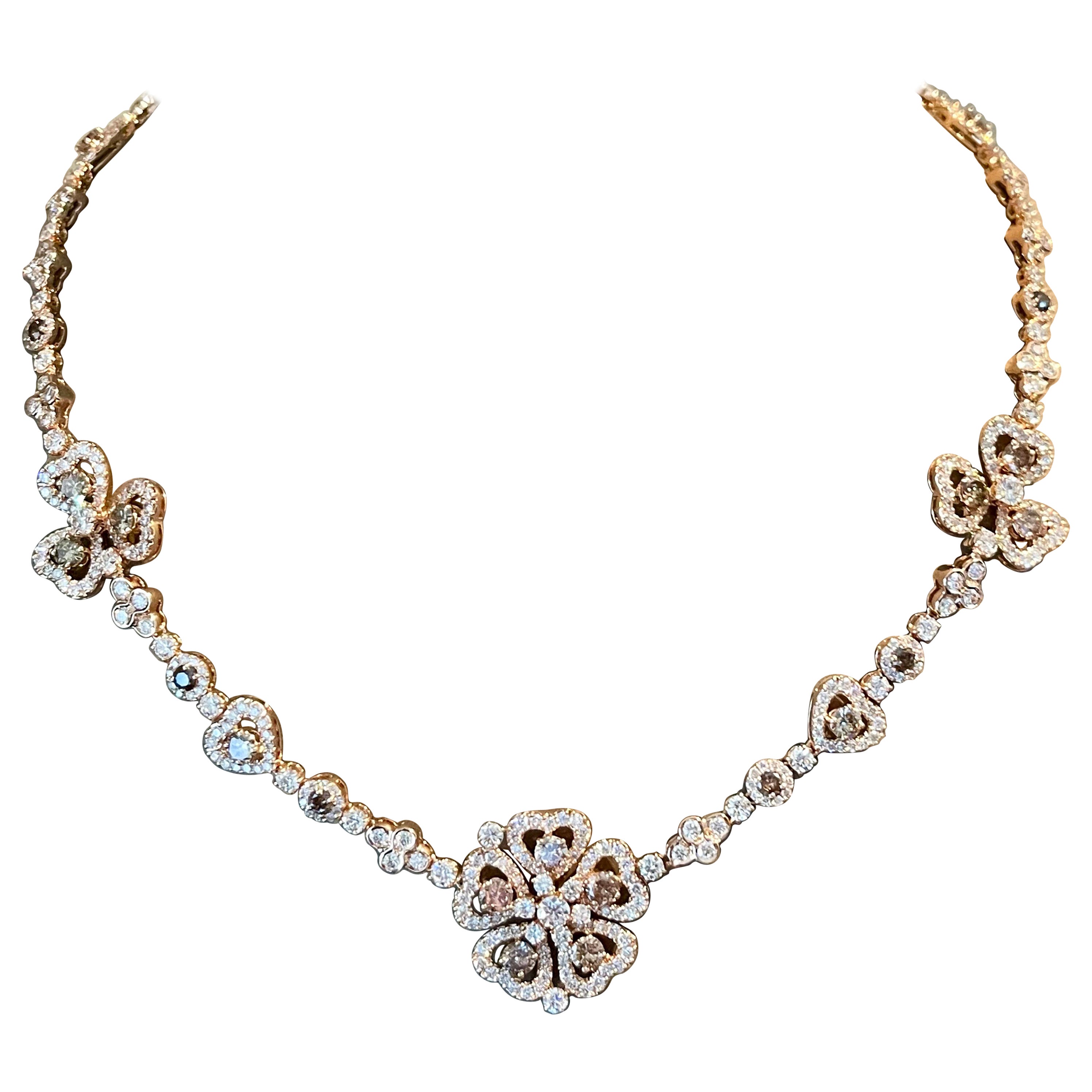 Exquisite 18 K rose Gold Flower style Necklace Champagne and white  Diamonds For Sale