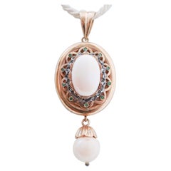 Vintage Coral, Emeralds, Diamonds, 14 Karat Rose Gold and Silver Pendant.