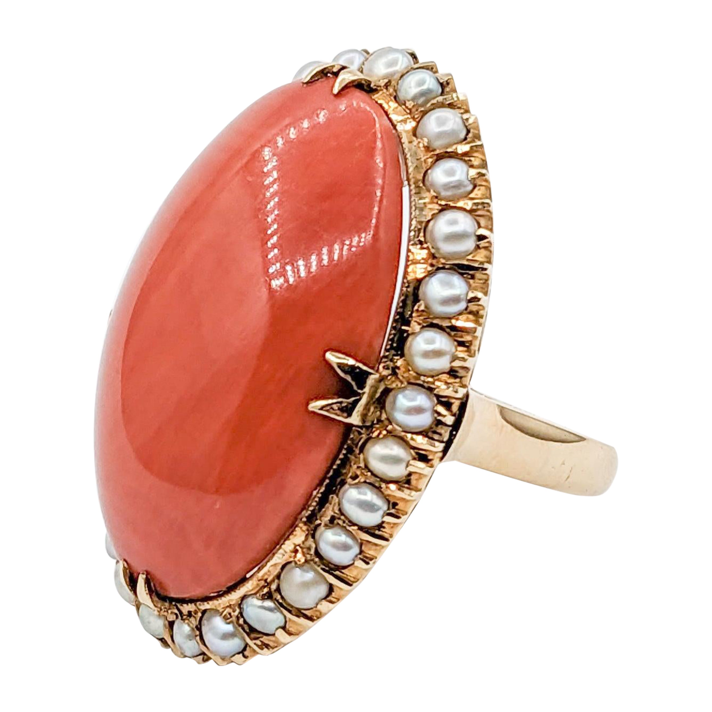 Gorgeous Vintage Coral Cocktail Ring with Pearl Halo in 18k Yellow Gold For Sale