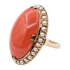 Gorgeous Retro Coral Cocktail Ring with Pearl Halo in 18k Yellow Gold