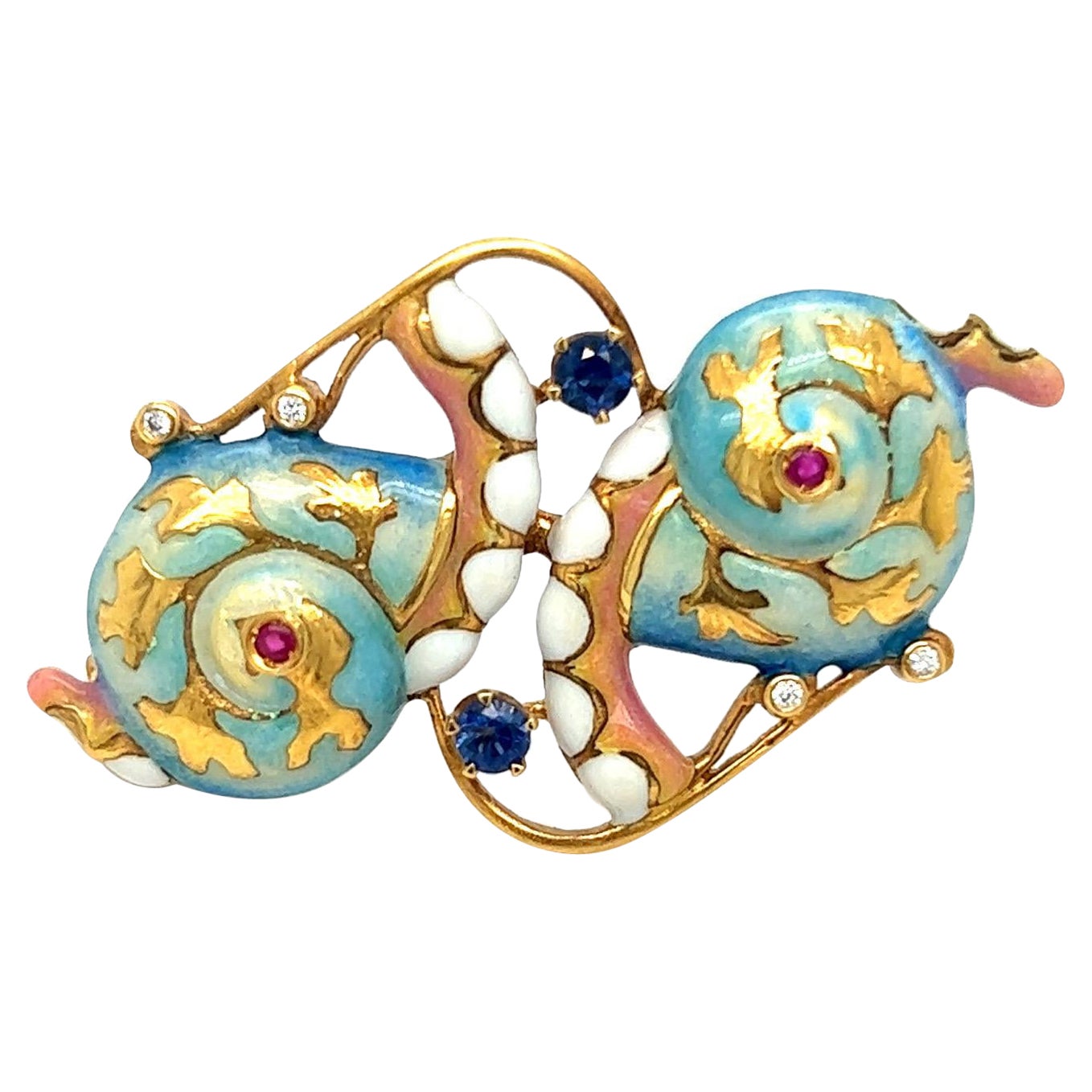 Masriera 18 KT Yellow Gold Twin Snails Enamel Brooch with Sapphires & Diamonds For Sale