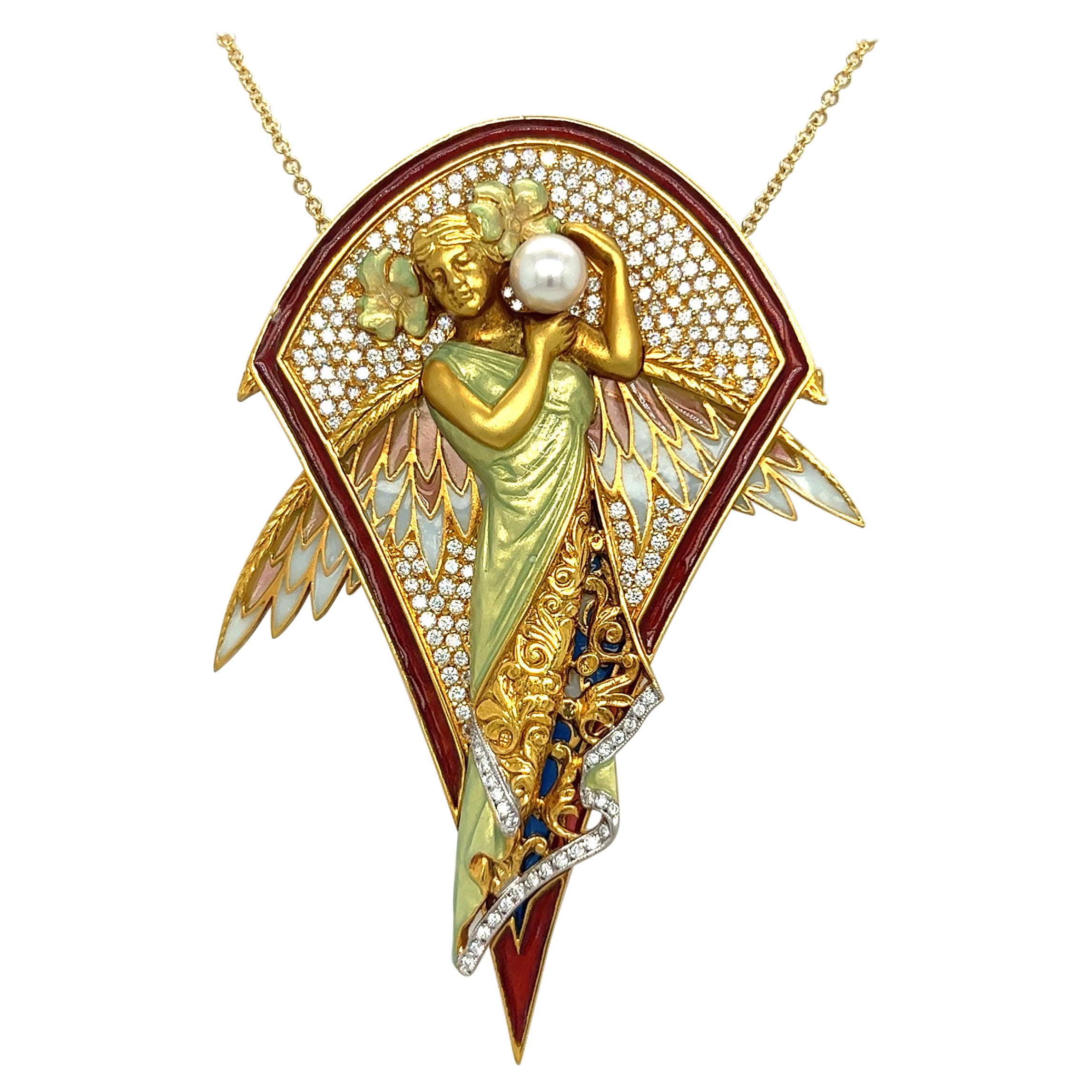 Masriera 18 KT YG Winged Nymph Brooch with Dia 1.94CT, Enamel and Pearls For Sale