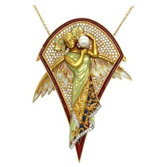 Masriera 18 KT YG Winged Nymph Brooch with Dia 1.94CT, Enamel and Pearls