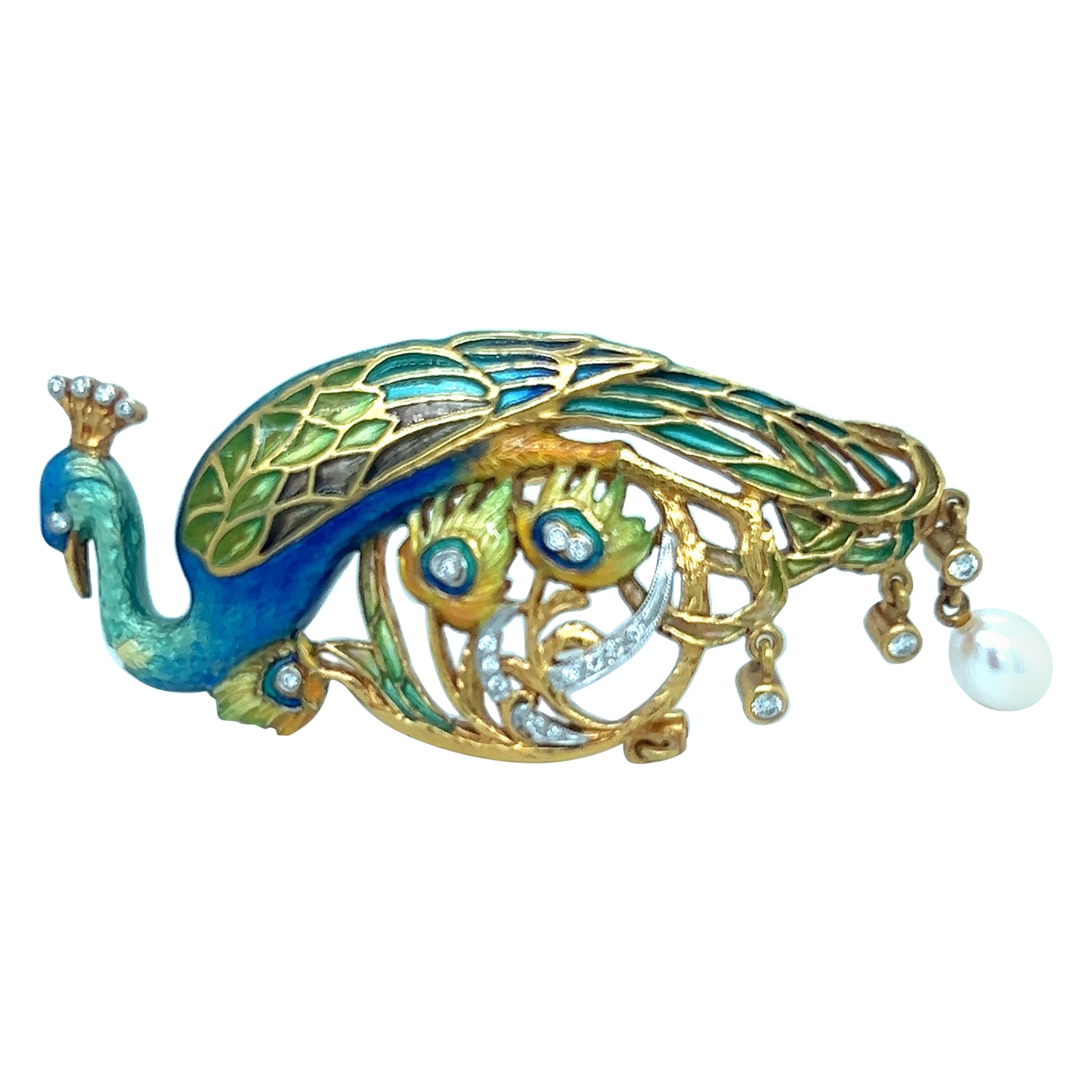 Masriera 18 KT Yellow Gold Peacock Brooch with Enamel, Dia..41CT and Pearl For Sale
