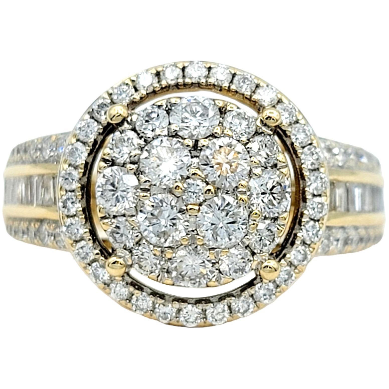 Round Diamond Cluster Ring with Halo and Tapered Baguette Sides in 14K Gold  For Sale