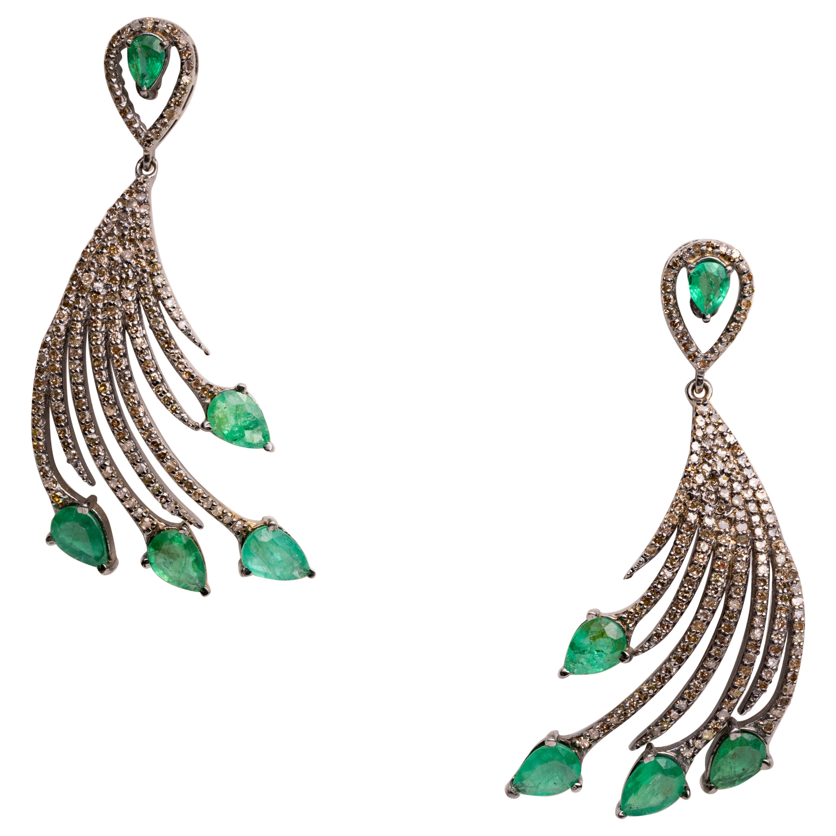 Emerald and Diamond Feather Earrings For Sale