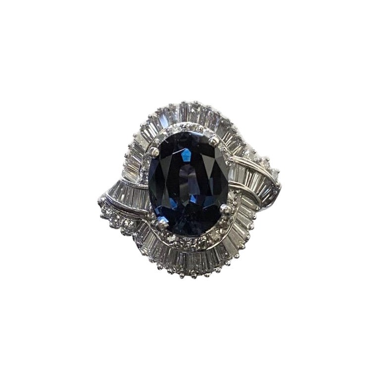 Art Deco Platinum Baguette Diamond 5 Carat Oval Blue Spinel Engagement Ring For Sale