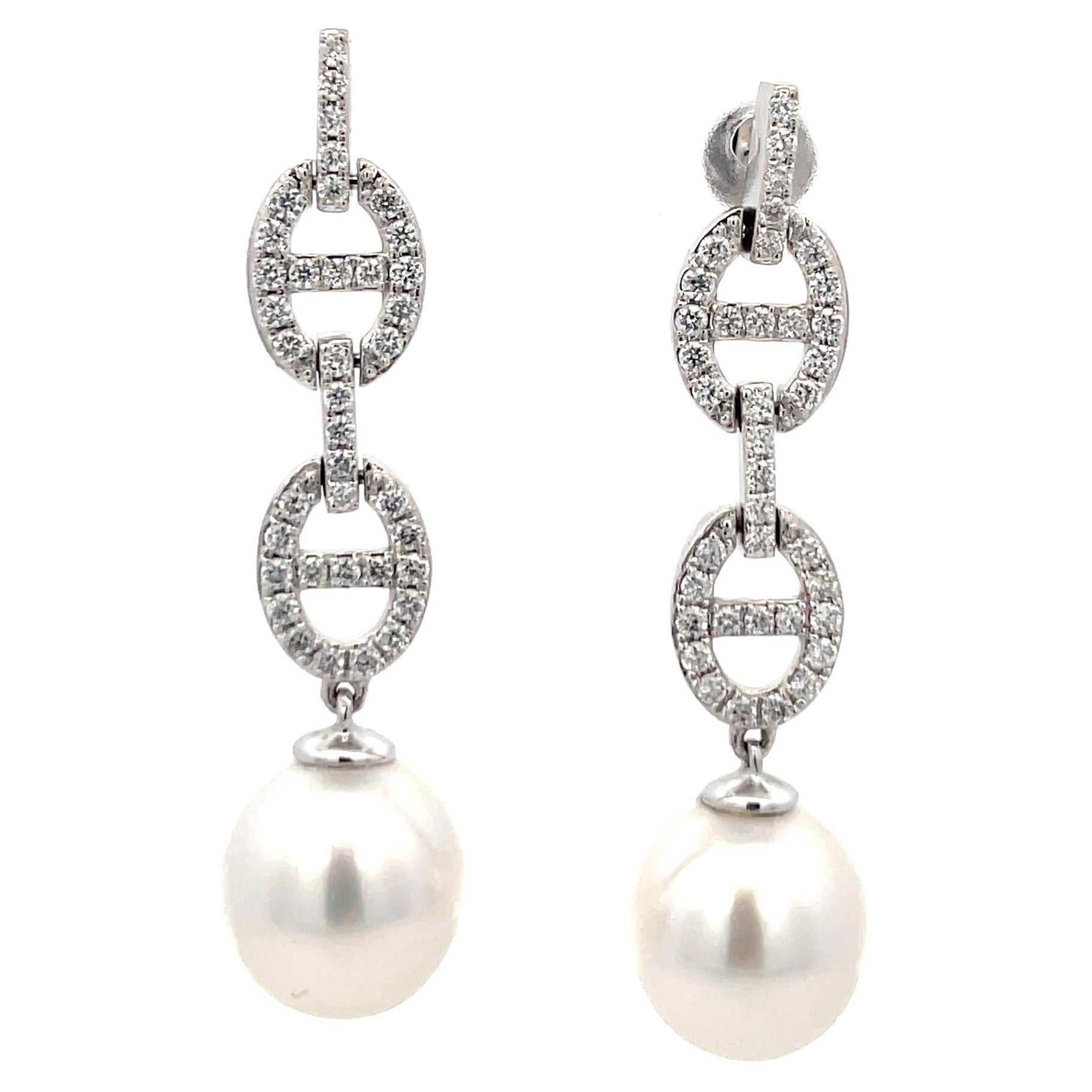 Diamond Mariner Link South Sea Pearl Drop Earrings 0.57 Carats 9-10 MM 14KT For Sale