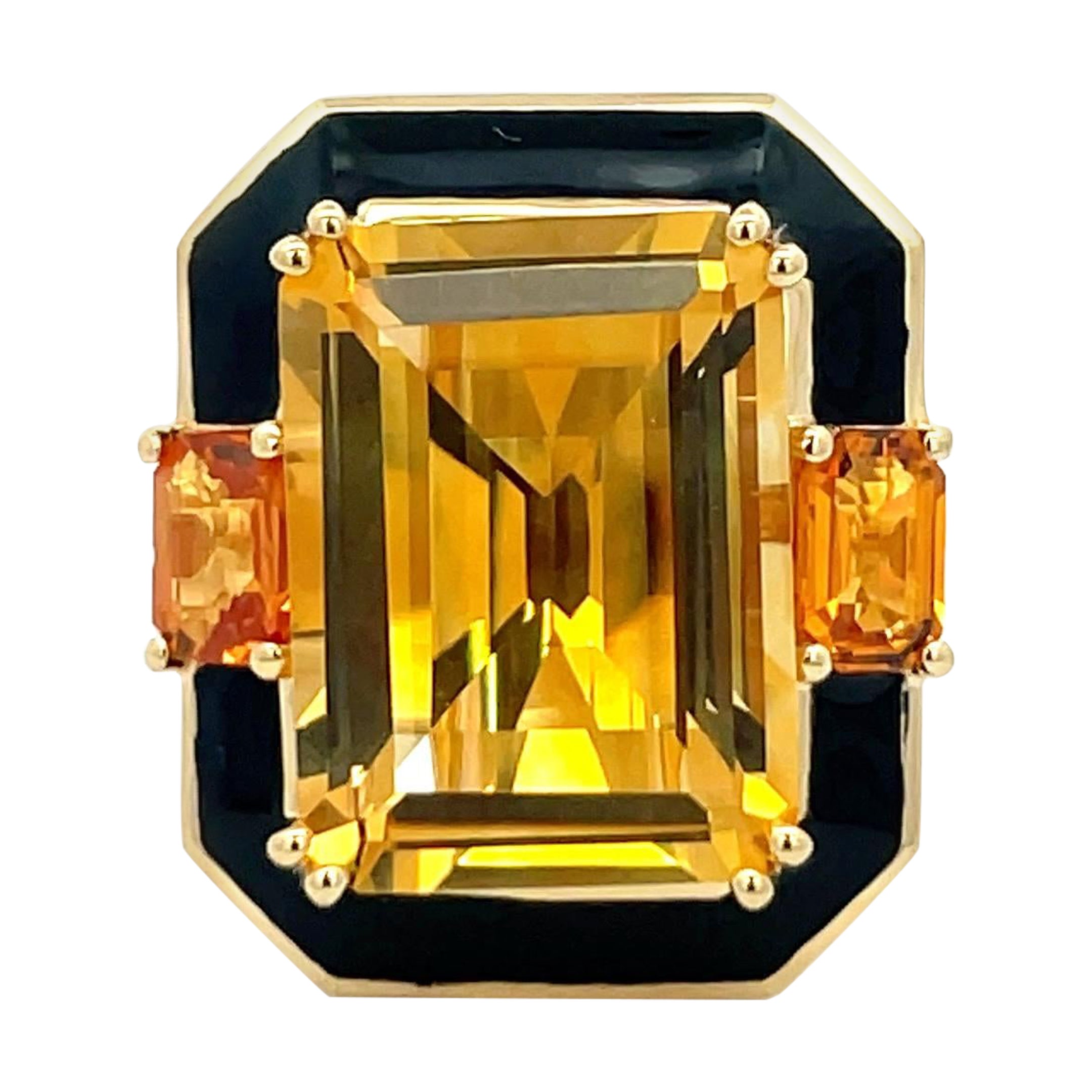Large Citrine Black Enamel Diamond Cocktail Ring 12.84 CTTW 18 Karat Yellow Gold For Sale