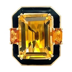 Large Citrine Black Enamel Diamond Cocktail Ring 12.84 CTTW 18 Karat Yellow Gold
