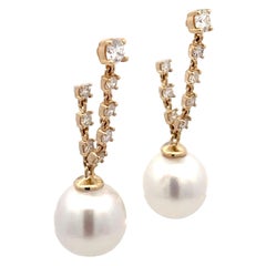 Diamond Chain Drop South Sea Pearl Earrings 0.65 Carats 14 Karat Yellow Gold 