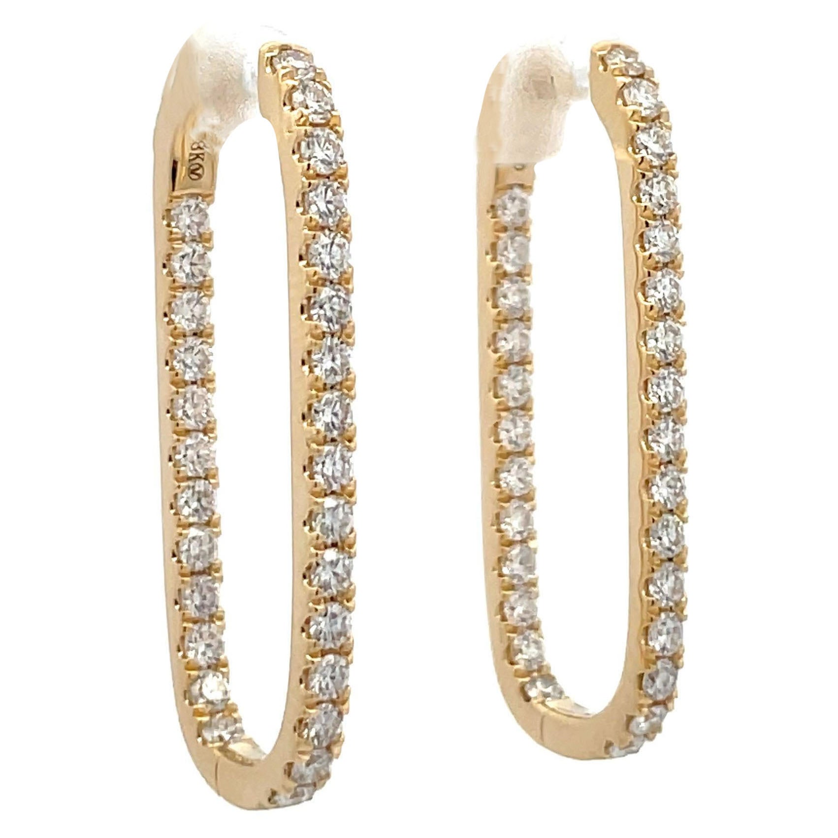 Diamond Paperclip Rounded Hoop Earrings 1.52 Carats 18 Karat Yellow Gold  For Sale