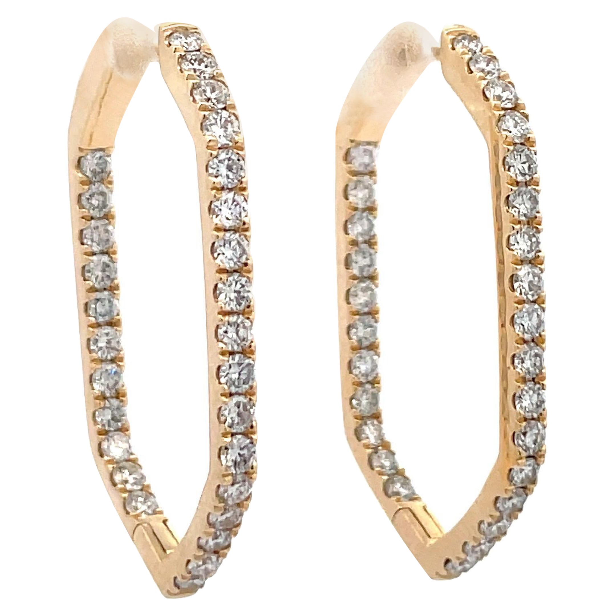 Diamond Hexagon Motif Hoop Earrings 1.95 Carats 14 Karat Yellow Gold For Sale