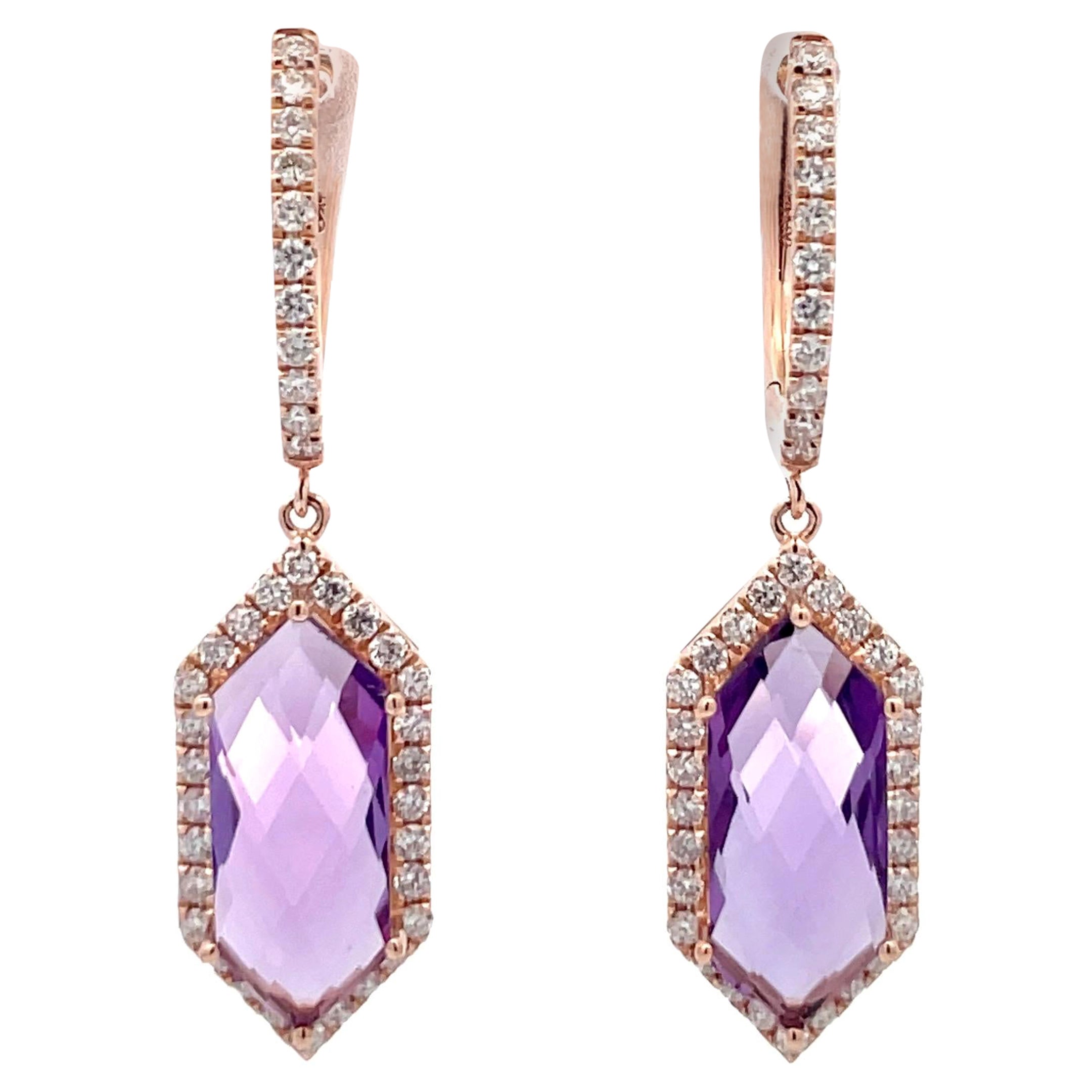 Rose De France Amethyst Diamond Halo Drop Earrings 5.74 Carats 14KT Rose Gold For Sale