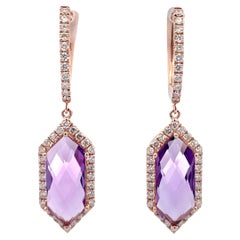 Rose De France Amethyst Diamond Halo Drop Earrings 5.74 Carats 14KT Rose Gold