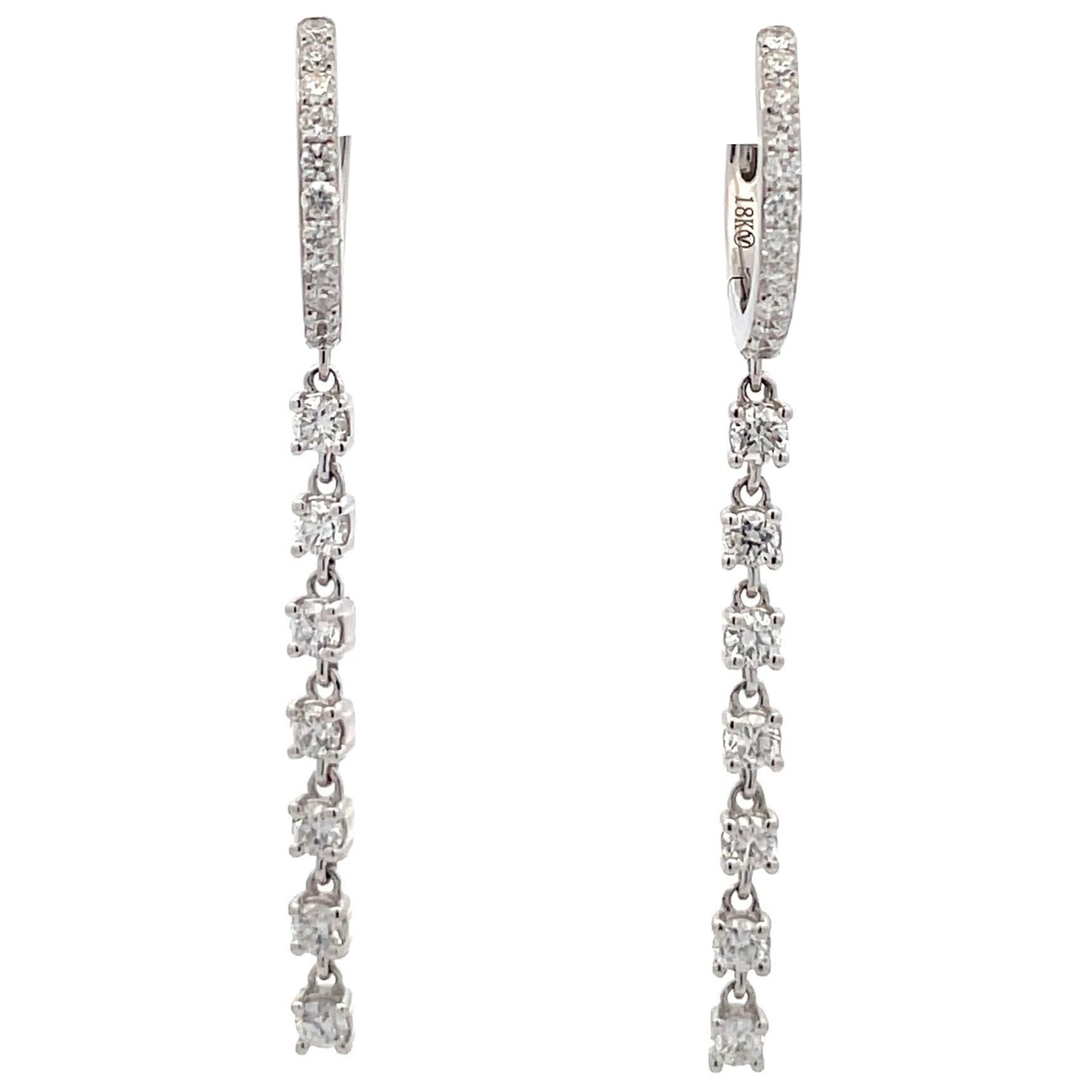 Diamond Hoop Dangle Drop Earrings 0.93 Carats 18 Karat White Gold For Sale