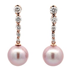 Diamond Semi Bezel Pink Freshwater Pearl Drop Earrings 0.76 Carats 10-11 MM 14KT